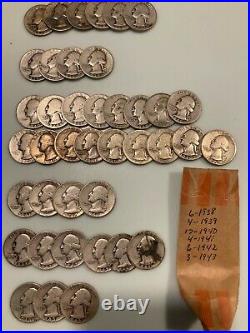 Roll of 40 1938-1943 90% Silver Washington Quarters, circulated