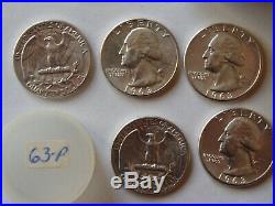 Roll of 40 BU 90% Silver Washington Quarters. $10 face value. 1963 P