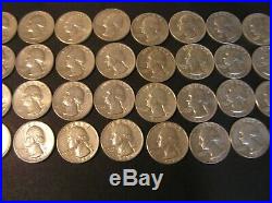 Roll of 40 Circulated 90 % Silver Washington Quarters All 1964 (h)