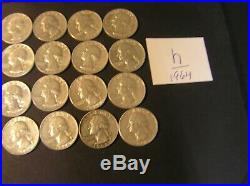 Roll of 40 Circulated 90 % Silver Washington Quarters All 1964 (h)