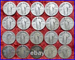 Roll of 40 Standing Liberty 90% Silver Quarters, 40 Coins, $10 Face, With Dates
