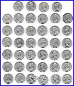 Roll of 40 Washington 90% Silver Quarter Coins, 1930s 1940s 1950s, $10 face, 25C