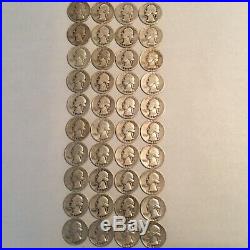 Roll of 40 Washington 90% Silver Quarters 1930s 1940s 1950s Circulated