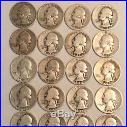 Roll of 40 Washington 90% Silver Quarters 1930s 1940s 1950s Circulated
