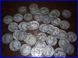 Roll of 40 Washington Quarters Mixed Dates Circulated 90% Silver 30s thru 50s