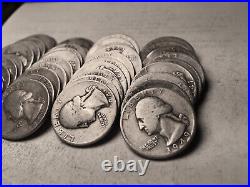 Roll of 42 Circulated 90% Silver Washington Quarters (1936 to 1949 P & D & S)