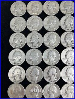 Roll of Washington Quarters, 1940s mixed, 90% silver, circulated. See Photos