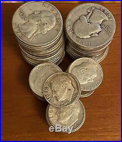 Silver Coin Lot- (40)Washington Quarters & (50)Roosevelt Dimes- 1 Roll Of Each
