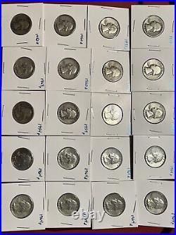 TWENTY (20) 90% SILVER WASHINGTON QUARTERS HALF ROLL 1941-1964 mixed mints
