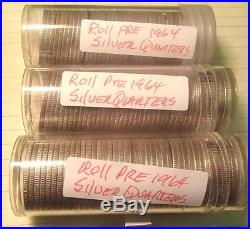 Three Rolls Pre 1964 90% Silver Washington Quarters 120 Coins Readable Dates