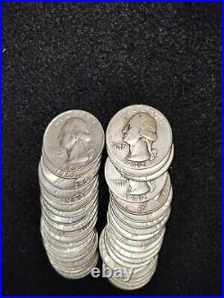 Washington Quarter Full Roll uncertified 40 Coins 90% Silver 1940s to 1960s