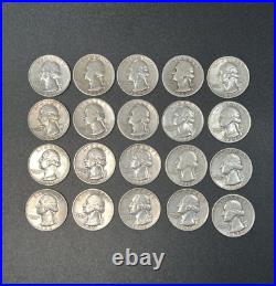 Washington Quarters (20 Coins) 90% Silver 1/2 roll $5 FV Mixed Dates