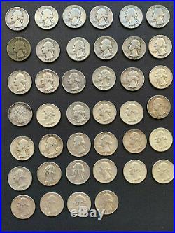 Washington Quarters 90% Silver 1964 & Prior One Roll 40 Coins $10 Fv Lot B