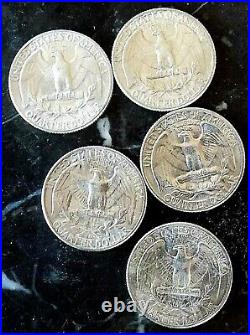 Washington Silver Quarter Lot Of 5 Partial Roll Of Blazing Bu Coin 1957 1959 90%