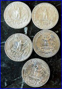 Washington Silver Quarter Lot Of 5 Partial Roll Of Blazing Bu Coin 1957 1959 90%
